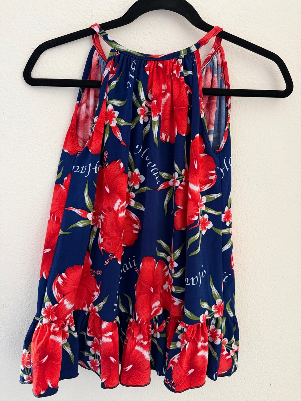 Aloha Fashion Navy blue Halter Floral Summer top with Red Hibiscus Print